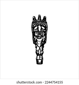 Silhouette of Tiki idol icon. Simple illustration of a tiki idol icon for web design isolated on a white background, Tiki tribal wooden mask, tropical exotic plant and bamboo board. Traditional Hawaii