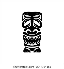 Silhouette of Tiki idol icon. Simple illustration of a tiki idol icon for web design isolated on a white background, Tiki tribal wooden mask, tropical exotic plant and bamboo board. Traditional Hawaii