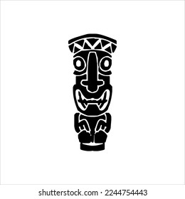 Silhouette of Tiki idol icon. Simple illustration of a tiki idol icon for web design isolated on a white background, Tiki tribal wooden mask, tropical exotic plant and bamboo board. Traditional Hawaii