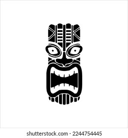 Silhouette von Tiki Idol Symbol. Einfache Illustration eines Tiki-Idol-Symbols für Web-Design einzeln auf weißem Hintergrund, Tiki-Maske aus Stamm, tropische exotische Pflanzen und Bambusbrett. Traditionelle Hawaii