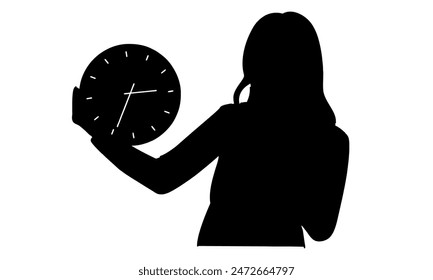 silhouette of time management businesswoman showing alarm clock