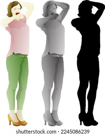 Silhouette of tired girl yawn while standing, isolated against white. Vector illustration.