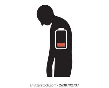 Silhouette of tired man with low battery icon isolated on white background. Concept of fatigue, burnout, exhaustion, energy depletion, stress overload, mental health awareness.
