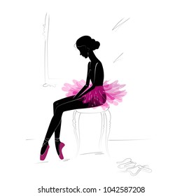 Silhouette of tired young ballerina. Vector illustration, sketch.