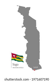 Silhouette of Togo country map. Gray editable map with waving national flag and Lome capital, Western Africa country territory borders vector illustration on white background