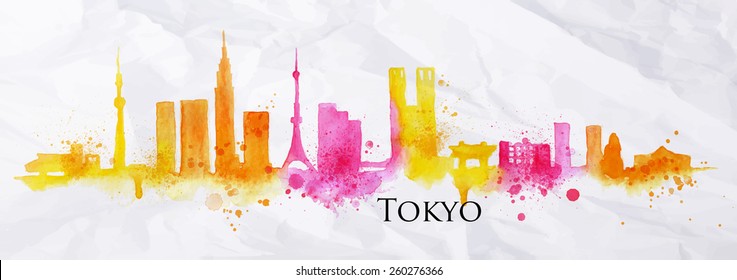 Silhouette of Tokyo city drawing with splashes of watercolor drops landmarks in yellow, pink tones