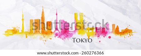 Silhouette of Tokyo city drawing with splashes of watercolor drops landmarks in yellow, pink tones