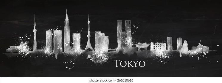 Silhouette of Tokyo city with splashes drops and streaks landmarks drawing with chalk on blackboard