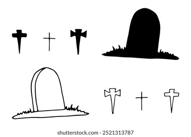 Silhouette aus Grabstein mit Kreuzen für Halloween im Grafikstil. Handgezeichnete Liniengrafik. Clipart eines monochromen Objekts im Doodle-Stil. Einfache Formen schaffen eine gruselige, unheilvolle Atmosphäre.