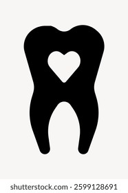 Silhouette of a tooth with a heart cutout in the center, symbolizing dental care and love for teeth. Tooth and heart design in black on a white background. User interface icon vector.