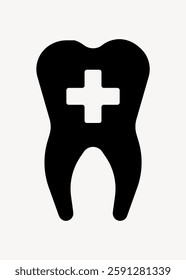 Silhouette of a tooth with a medical cross. Dental care symbol. Tooth icon for dental health. Simple tooth design with cross for dental services. User interface icon vector.