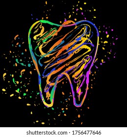 Silhouette of tooth. Simple icon. Colored ink with splashes on black background