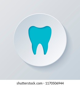 Silhouette of tooth. Simple icon. Cut circle with gray and blue layers. Paper style