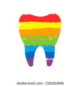 Silhouette of tooth. Simple icon. Drawing sign with LGBT style, seven colors of rainbow (red, orange, yellow, green, blue, indigo, violet
