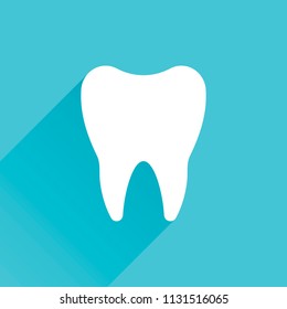 Silhouette of tooth. Simple icon. Gray icon with long shadow in bottom left corner on blue background