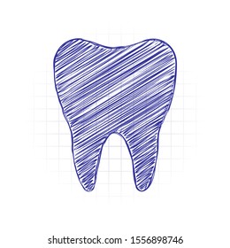 Silhouette of tooth. Simple icon. Hand drawn sketched picture with scribble fill. Blue ink. Doodle on white background