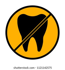 Silhouette of tooth. Simple icon. not allowed, black object in warning sign with orange background color