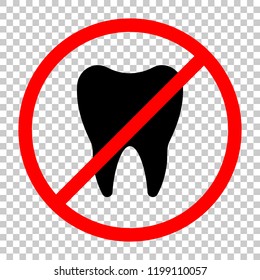 Silhouette of tooth. Simple icon. Not allowed, black object in red warning sign with transparent background