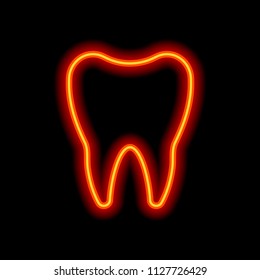 Silhouette of tooth. Simple icon. Orange neon style on black background. Light icon