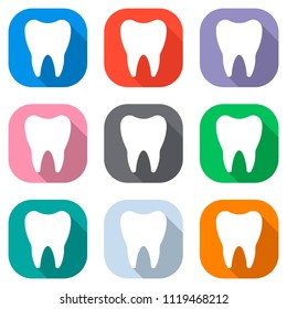 Silhouette of tooth. Simple icon. Set of white icons on colored squares for applications. Seamless and pattern for poster