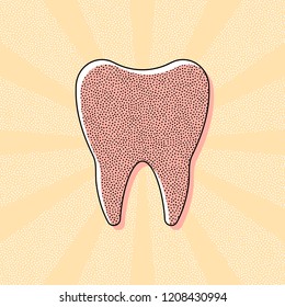Silhouette of tooth. Simple icon. Vintage retro typography with offset printing effect. Dots poster with comics pop art background