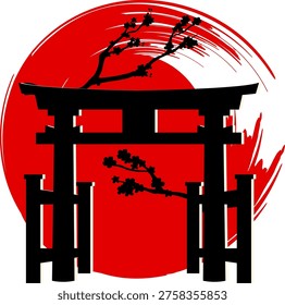 Silhouette torii gate, cherry blossom branches, bold red sun, vector illustration, minimal color palette