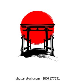 Silhouette of Torii gate and red sun. Element for design in japan style. Vector.