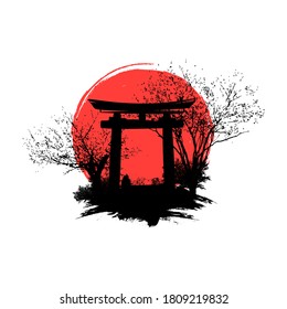 Silhouette of Torii gate and trees on background with red sun. Vector.