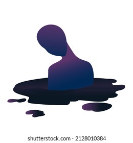 The silhouette of the torso of a person with a bowed head is immersed in a purple puddle or swamp. The concept of an abusive relationship with a narcissist and feelings of the victim's personality. 