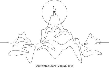 Silhouette of a tourist against the rising sun. Man on top of a mountain. Mountain landscape.Nature logo. One continuous line. Line art. Minimum one line. White background. One line drawing.