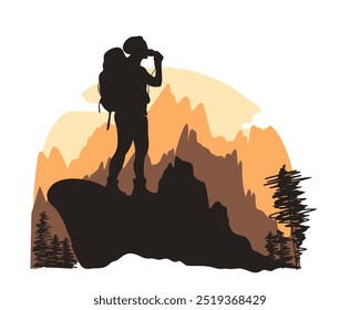 The silhouette of a tourist with a backpack and binoculars against the background of mountain peaks