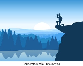 Silhouette of a tourist with a backpack on a cliff looks in the binoculars. Vector landscape