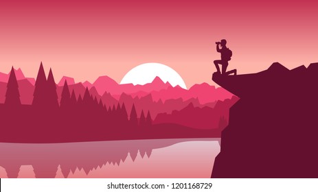 Silhouette of a tourist with a backpack on a cliff looks in the binoculars. Vector landscape