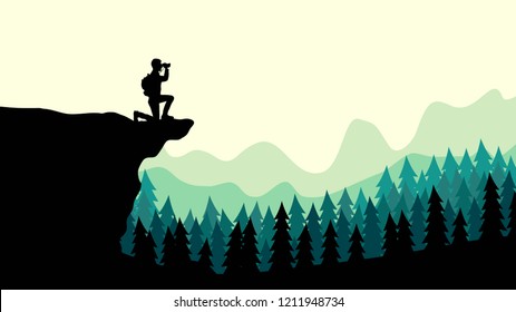 Silhouette of a tourist with a backpack on a cliff looks in the binoculars. Vector landscape of the forest