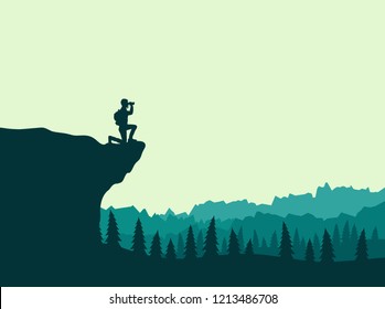 Silhouette of a tourist with a backpack on a cliff looks in the binoculars. Vector landscape of the forest