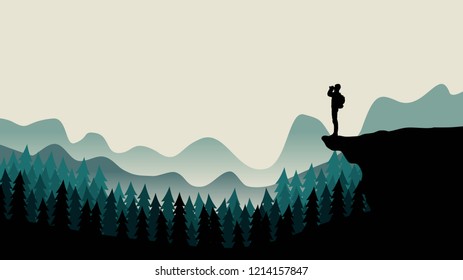 Silhouette of a tourist with a backpack on a cliff looks in the binoculars. Vector landscape of the forest