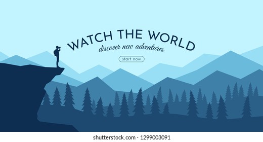 Silhouette of a tourist with a backpack on a cliff looks in the binoculars. Vector landscape of the forest