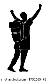 Silhouette of tourist with backpack with raised up hands. Concept of traveler conquer the peak. Isolated at white background man from back side wearing t-shirt and shorts. Raster simple icon