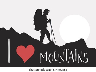Silhouette of tourist with backpack are walking among the mountains. Handwritten lettering I love Mountains. Red heart and hand drawn text. Hiking and outdoor vector illustration.