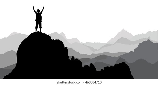 Silhouette of the tourist, climber of the girl