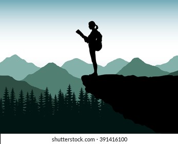 Silhouette of the tourist, climber of the girl, woman on the edge of a cliff of the stone with a backpack. The traveler costs on the edge of the mountain, a plumb and looks at a map or route. Vector.