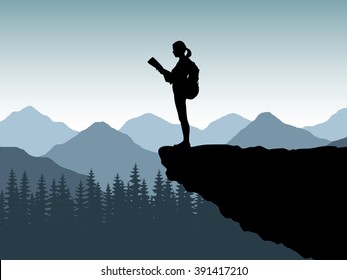 Silhouette of the tourist, climber of the girl, woman on the edge of a cliff of the stone with a backpack. The traveler costs on the edge of the mountain, a plumb and looks at a map or route. Vector.