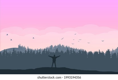 Silhouette of Tourist Enjoying the Early Morning Landscape