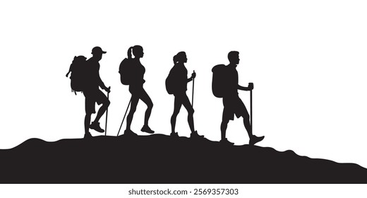 A silhouette of tourist friends hiking group in the mountains vector icon illustration on white background. climber art work.