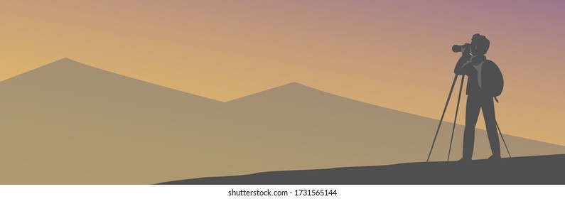 Silhouette de un turista sobre un fondo natural. Fotografías de un paisaje montañoso. Cámara en un trípode. Banner de ilustración vectorial con lugar para texto.
