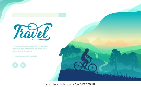 Silhouette de un turista en bicicleta, durante un viaje por una zona montañosa. La idea de una postal, un banner, una portada de revista sobre el ecoturismo. Concepto de diseño de ilustración vectorial.