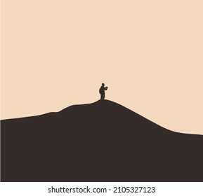 Silhouette tourist standing on the peak of high rocks. Mountain cliff looking at sunrise. Copy Space Vector Illustration