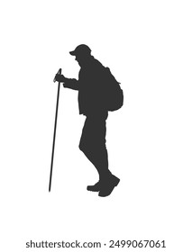 Silhouette of a Tourist Walking in the Wild with Backpack. Hiking and outdoor activities concept vector