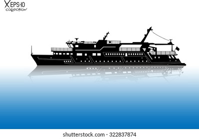 Silhouette of touristic pleasure boat sailing on the river with reflection on water. Vector illustration
