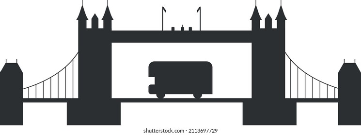 The silhouette of the Tower Bridge in London. Doubledecker bus